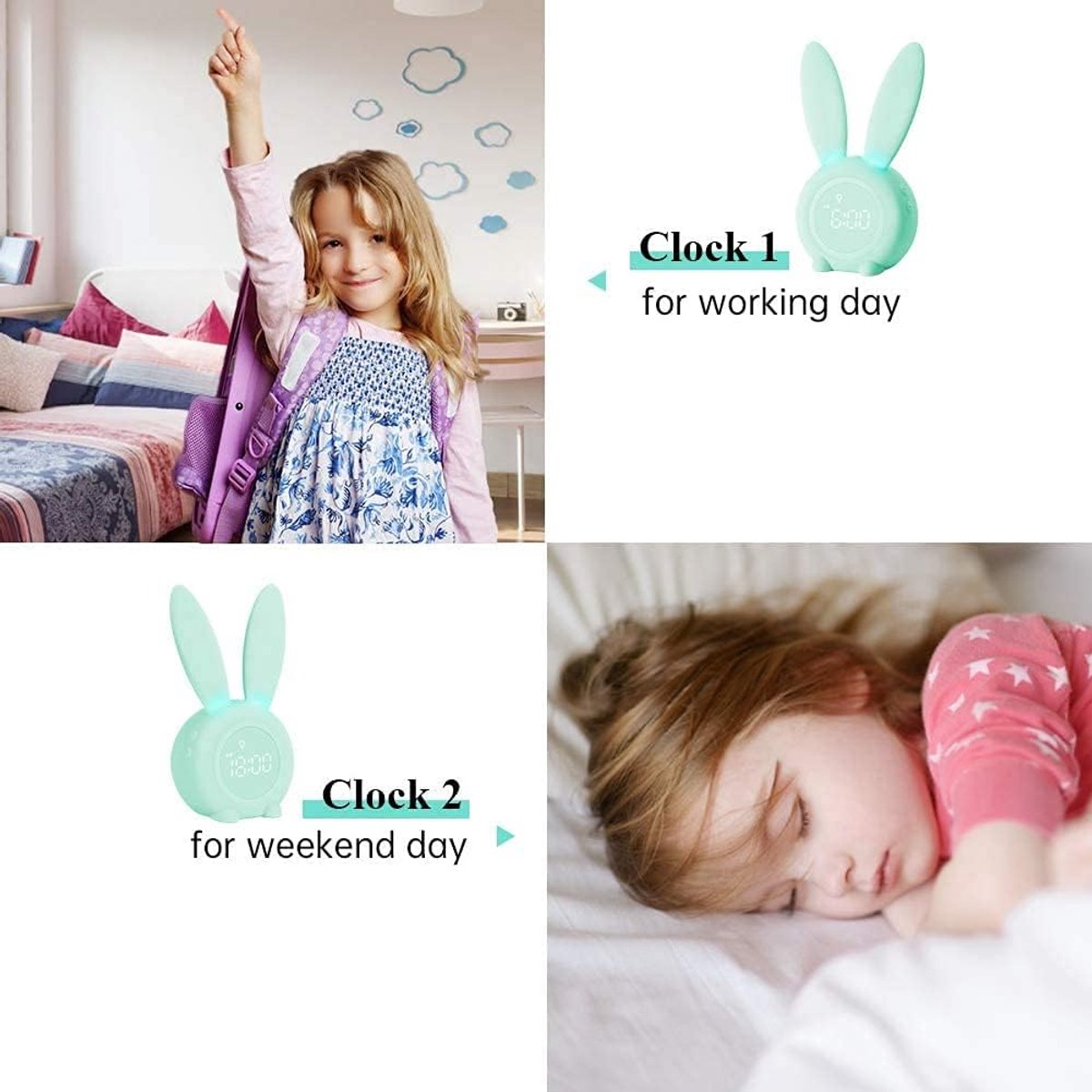 Thijox - Lichtwekker voor Kinderen, Konijn Alarm Clock Wake Up Light, Creatieve Nachtlamp met Sluimerfunctie, 6 Geluiden, Tijdgestuurd Nachtlampje, Gr