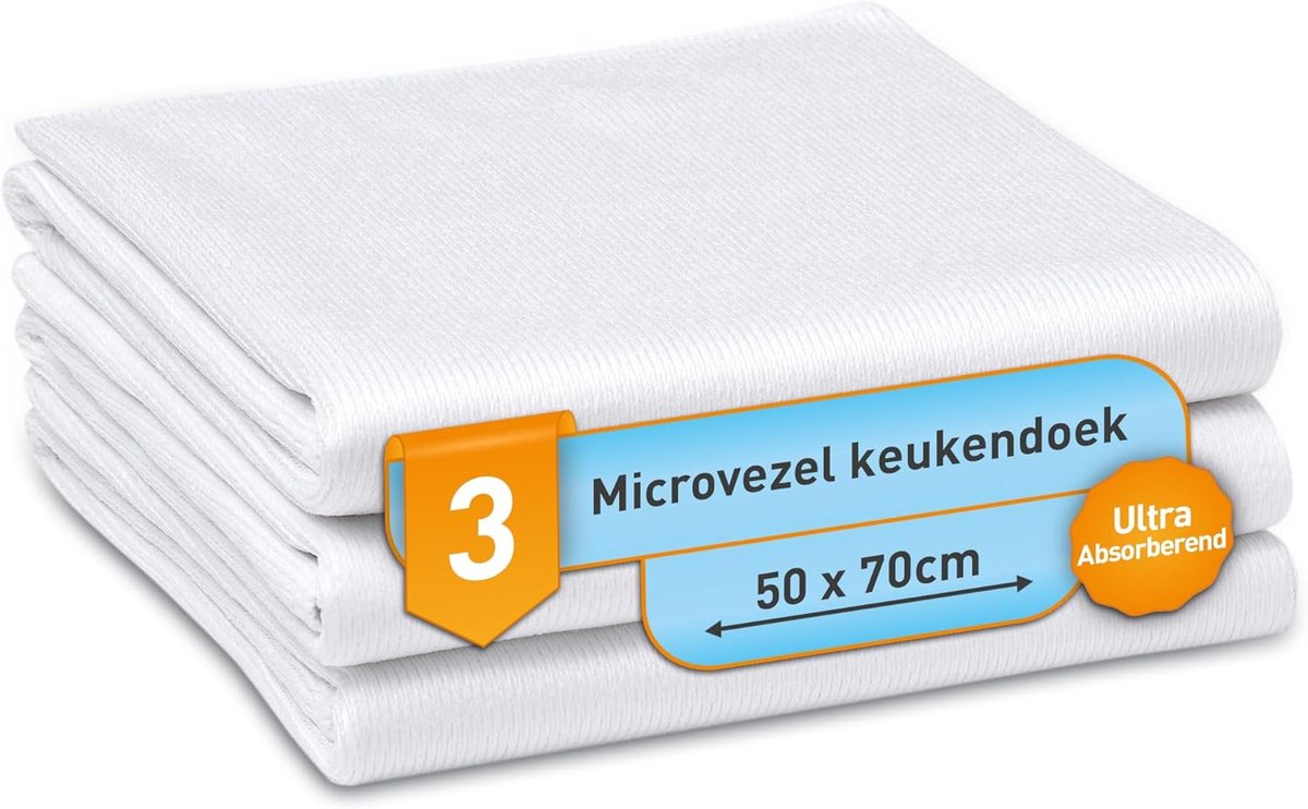 Thijox - Ultra microvezel keukendoek 50 x 70 cm - 3 stuks - Wit - Wasbaar tot 95 °C - Absorberende vaatdoeken - Professionele kwaliteit voor keuken, a