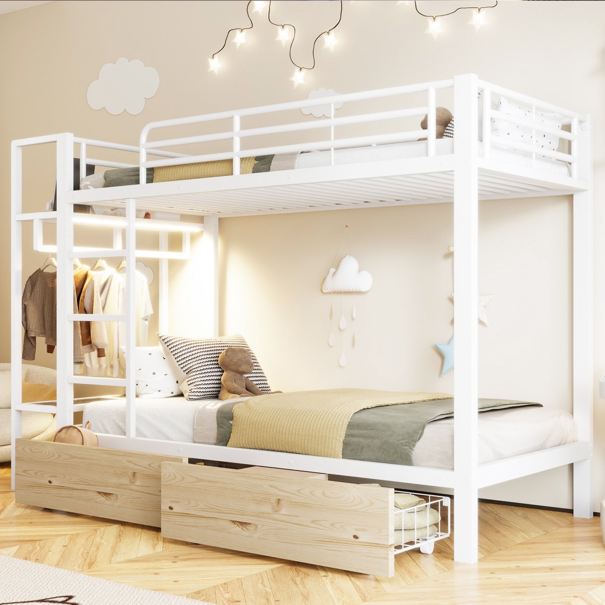 KOMHTOM - Stapelbed - 90 x 200 cm - IJzeren frame met 2 lades en meerdere opbergruimtes - LED-lichtstrip en kledingstang - Wit