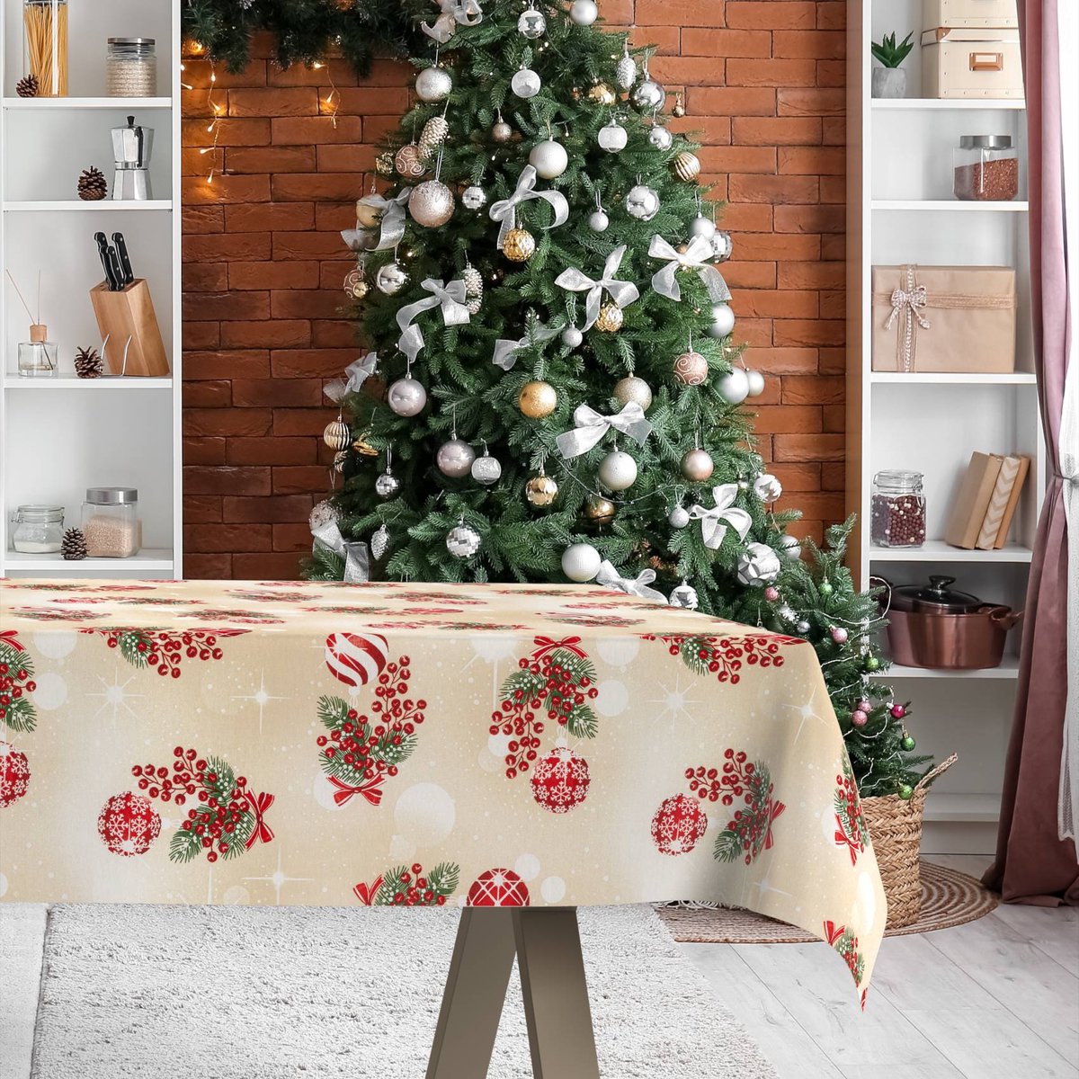 ANRO Tafelkleed Kerstballen Beige 180x140cm Rechte rand Afwasbaar Waterafstotend Binnen & Buiten