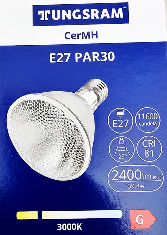 Tungsram E27 PAR30 lamp met gedetailleerde facetglas voorzijde, 3000K.