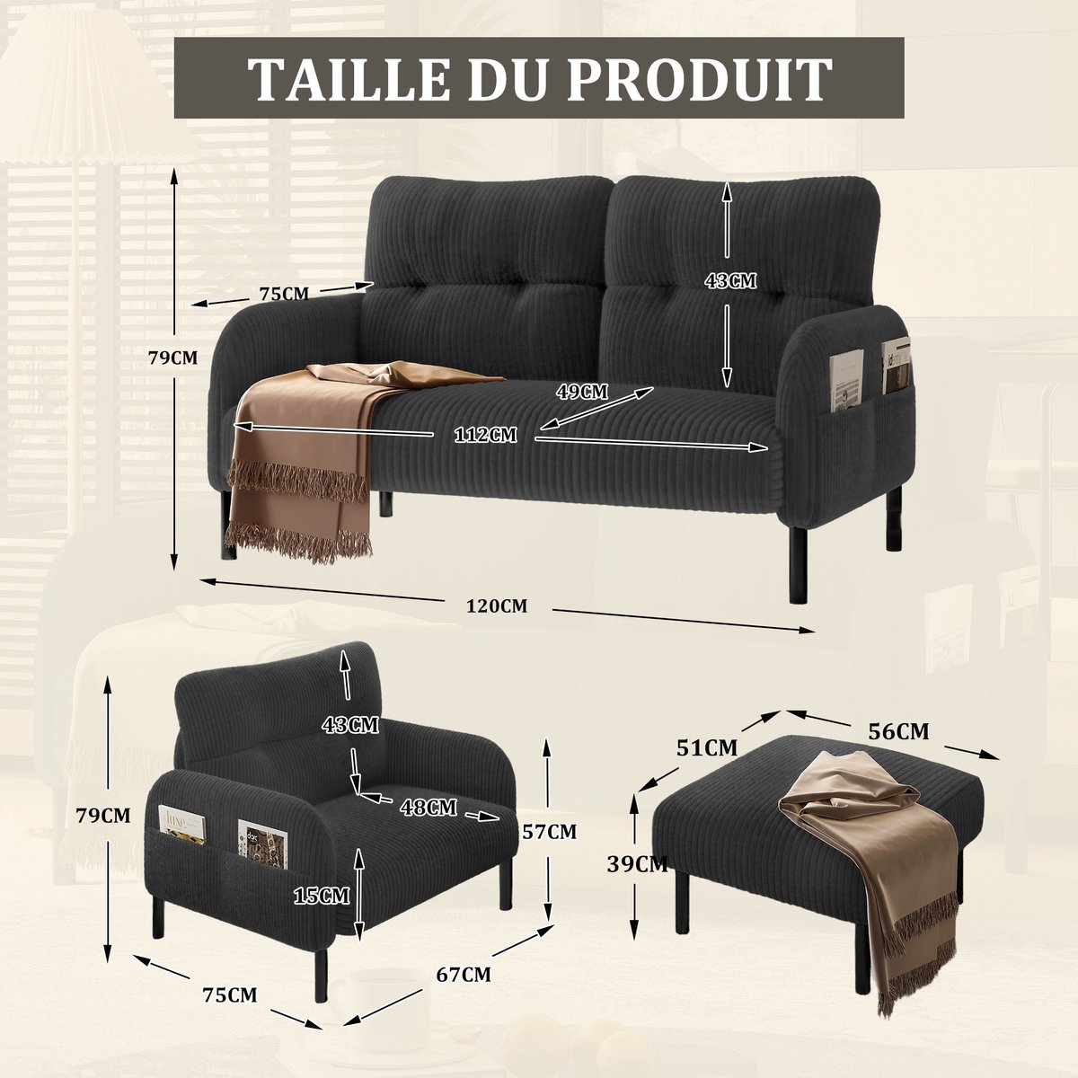 YYchan modulaire bank met hocker - grijs - 120 x 75 x 79 cm