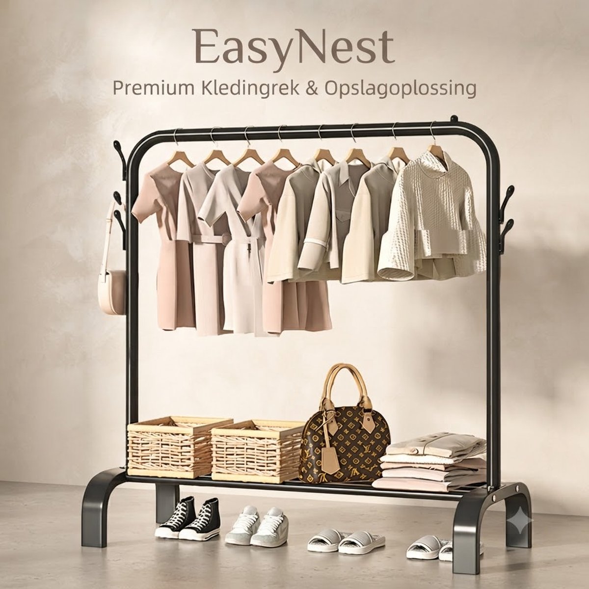 Kledingrek 105 cm – Vrijstaand Kledingrek van Carbon Staal – Zwart – Kleding Organizer voor Slaapkamer, Hal en Wasruimte