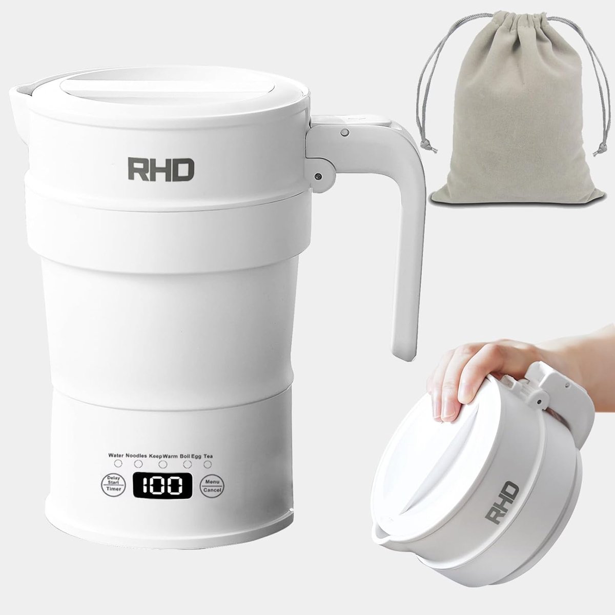 Thijox - Opvouwbare Elektrische Waterkoker 0,7L - Draagbare Siliconen Reiswaterkoker met Warm Houden & Vertragingstart - 1000W Voor Kamperen, Wandelen