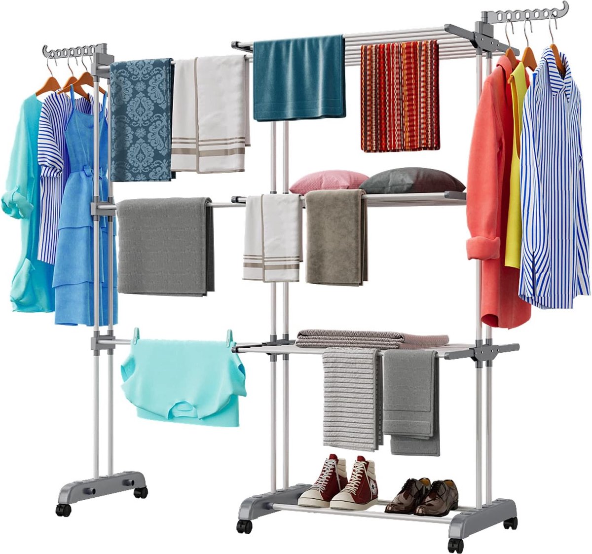 SnelShoppen - Tower Droogrek 3 Niveaus met 6 Inklapbare Vleugels, Uitschuifbaar van 66-130 cm, Vouwbaar Wasrek voor Binnen en Buiten, Voor Grote Gezin
