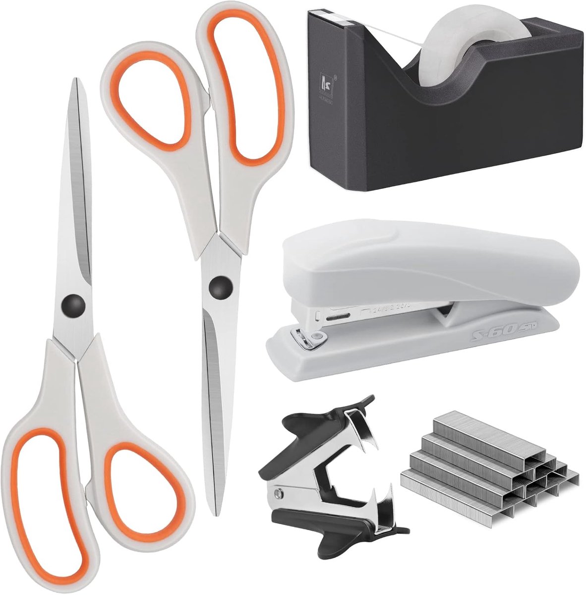 Thijox - Kantoorbenodigdheden Set - Basisstijl - Inclusief 2 Scharen, 1 Nietmachine, 1000 Nietjes, 1 Nietverwijderaar, Tapedispenser & Tape - Wit en O