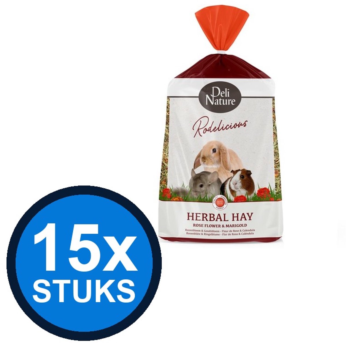 15x Deli Nature - Rodelicious kruidenhooi rozenbloem&goudsbloem 600gr - Knaagdierenvoer - 600 g