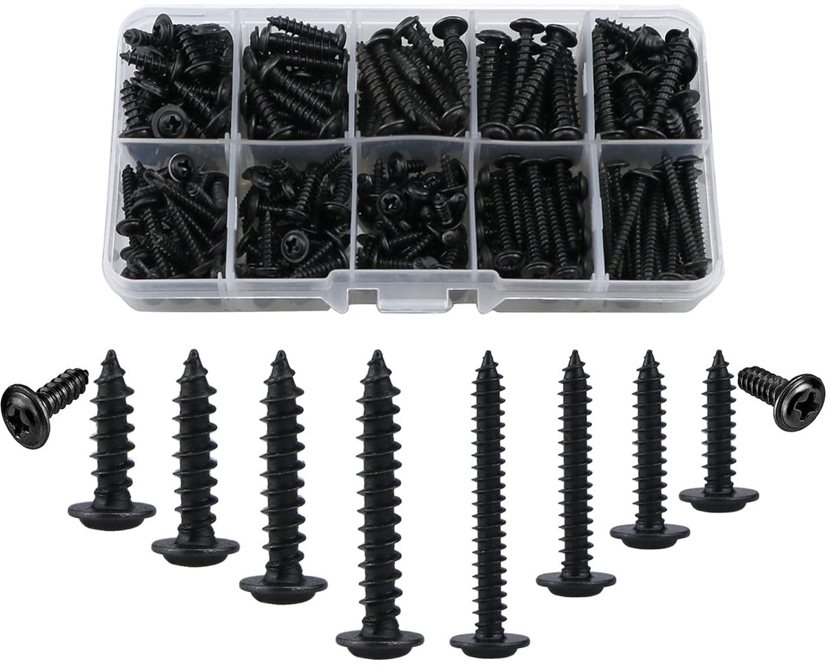 SnelShoppen - M3 M4 Zelftappende Schroeven Met Ringen, 280 Stuks Pan Head Phillips Zelfborende Houtschroeven Assortiment Kit, 10 Soorten (8/10/12/16/2