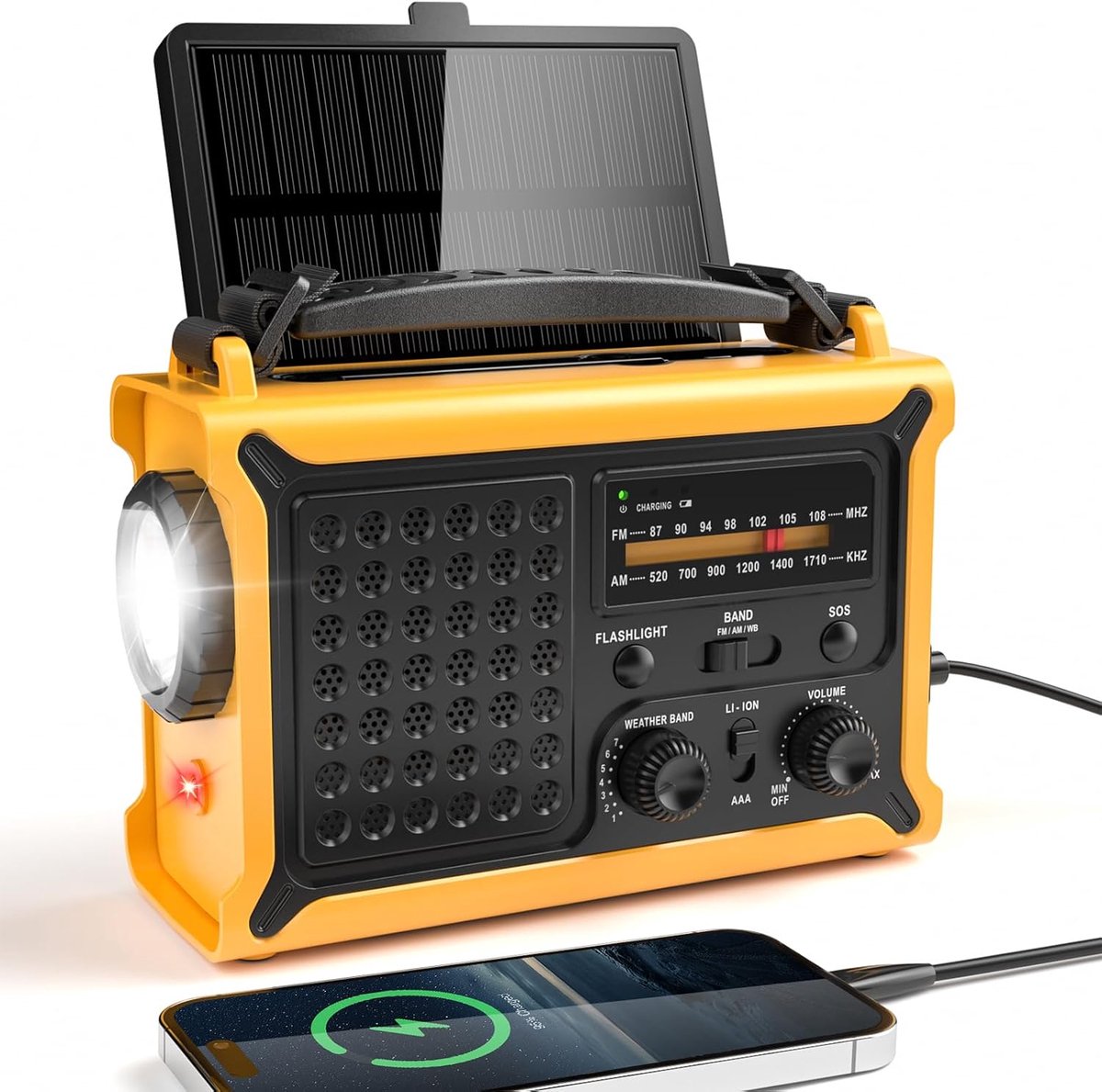 SnelShoppen - Solar Powered Radio met 12000mAh Accu, Groot Zonnepaneel, AM/FM Noodradio met Zaklamp & Leeslamp, Hoge Geluidskwaliteit, Oplaadbare Powe
