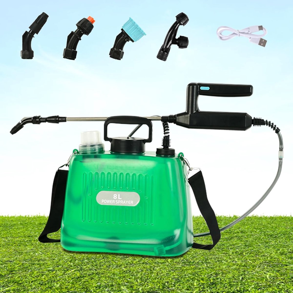 Thijox - Elektrische Drukspuit 8 Liter - Accu Tuinsproeier met 4 Verstelbare Sproeiers, USB-oplaadbaar Handvat, Telescoopstang en Verstelbare Schouder