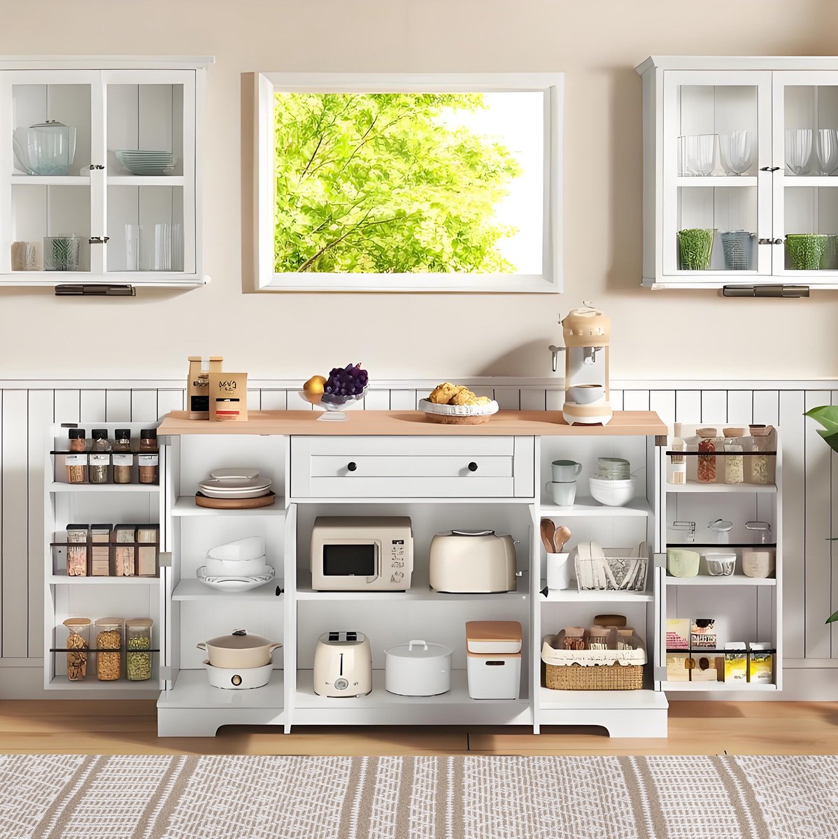 COVREO Keukenkast 138 x 40 x 85 cm - met lade, verstelbare planken en kipbeveiliging, wit/naturel