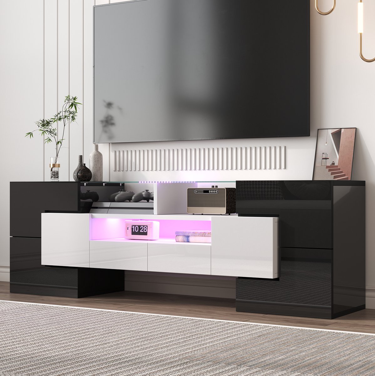 COVREO TV-meubel 145 x 30 x 51 cm - hoogglans wit en zwart, met LED-verlichting