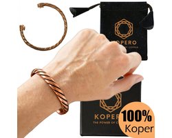 Kopero Premium Koperen Armband – Gedraaid - 100% Puur Koper – Unisex – Verstelbaar – Met Fluwelen Draagzak – Met Luxe Sieradendoosje - Handgemaakt – Ayurveda – Koperen Armband Heren – Koperen Armband Vrouwen – Armband Koper - One Size Fits All