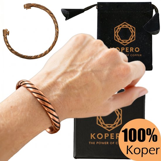 Kopero Premium Koperen Armband – Gedraaid - 100% Puur Koper – Unisex – Verstelbaar – Met Fluwelen Draagzak – Met Luxe Sieradendoosje - Handgemaakt – Ayurveda – Koperen Armband Heren – Koperen Armband Vrouwen – Armband Koper - One Size Fits All