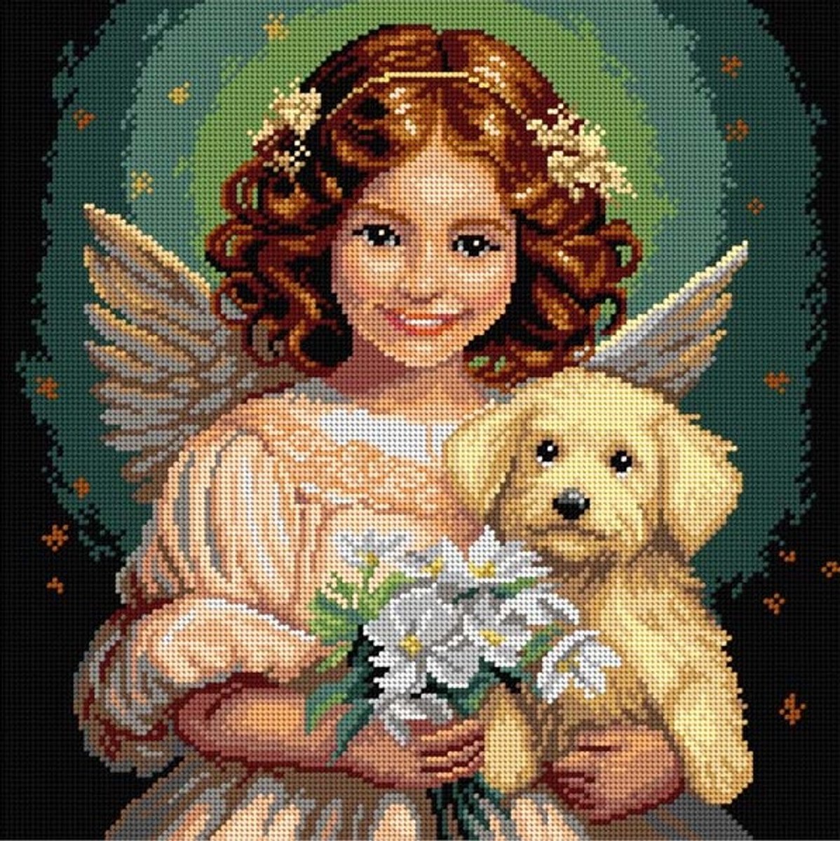 Voorbedrukt stramien - 3594 - Angel with a little dog 40x40 cm (STRAMIEN ZONDER GARENS)