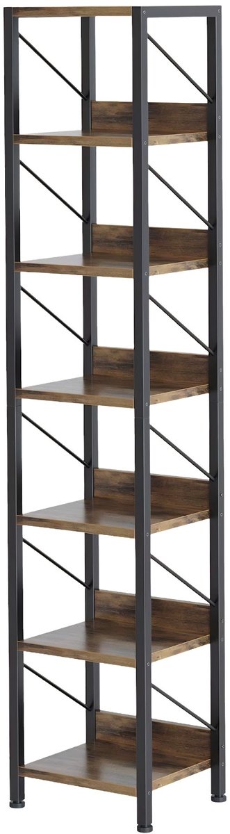 Happiq Boekenkast 7-Laags - Ruimtebesparend Smal design - voor woonkamer en kantoor - Retro Houtlook - Zwart