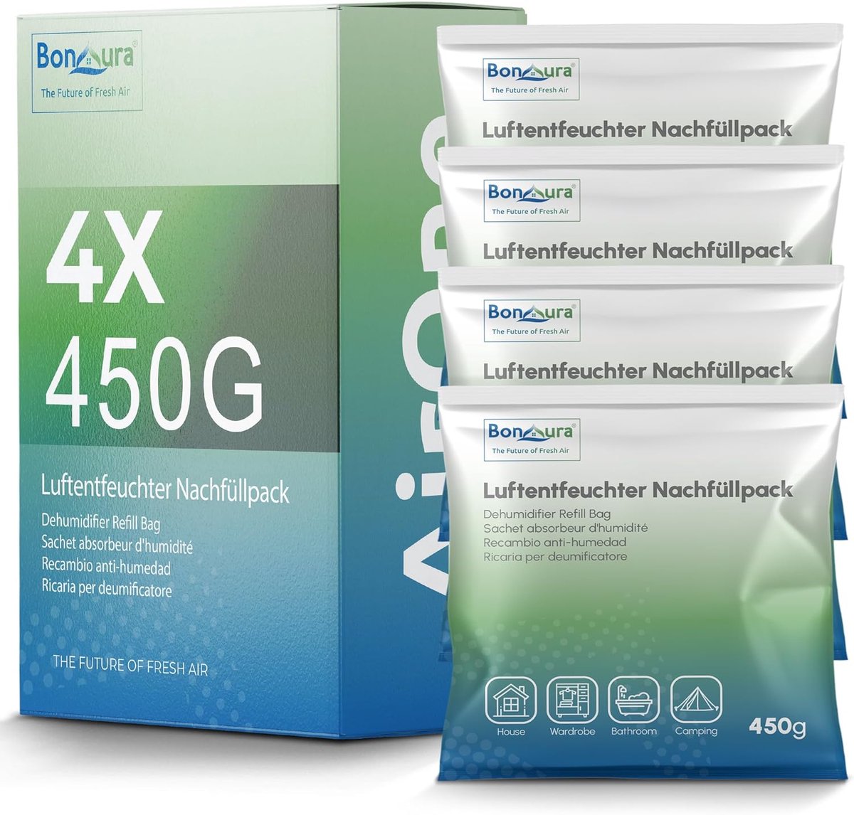 SnelShoppen - Dehumidifier Refill Pack - Granules voor Ontvochtiger, Bescherming tegen Schimmel en Geur, 450 g, 4 Stuks voor Badkamer en Keuken