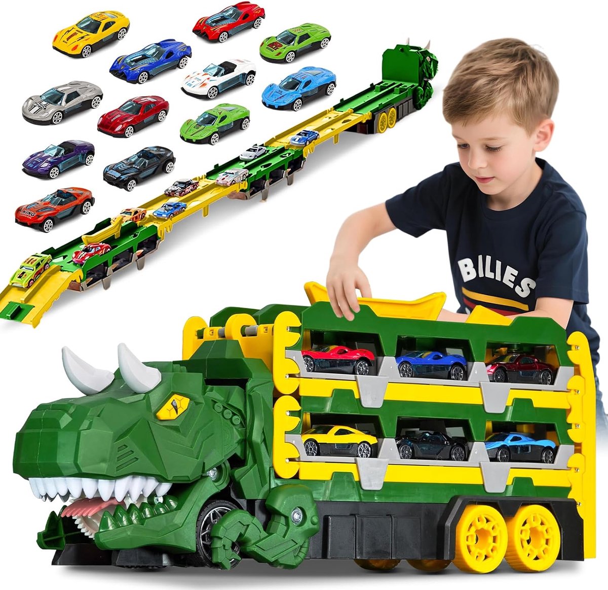 Thijox - Draagbare Transportvrachtwagen met 12 Speelgoedraceauto's - Groene Truck voor Kinderen van 3 tot 6 Jaar - Perfect Cadeau voor Jongens