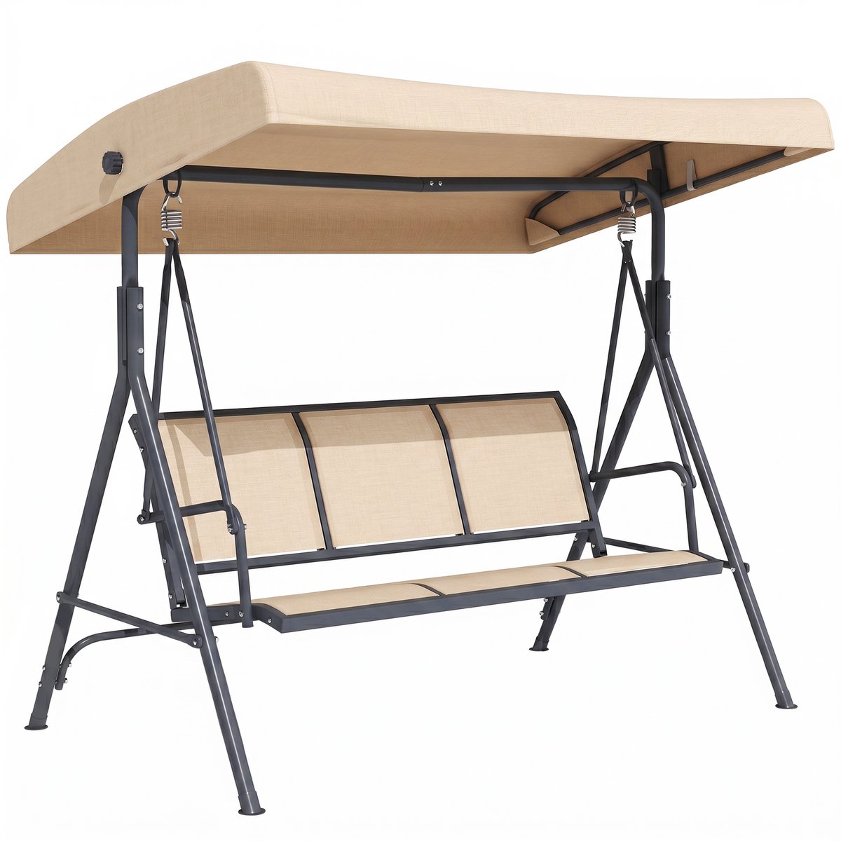 3-zits tuinschommelstoel met verstelbare luifel, ademende rugleuning en stalen frame 175x118x159 cm Beige