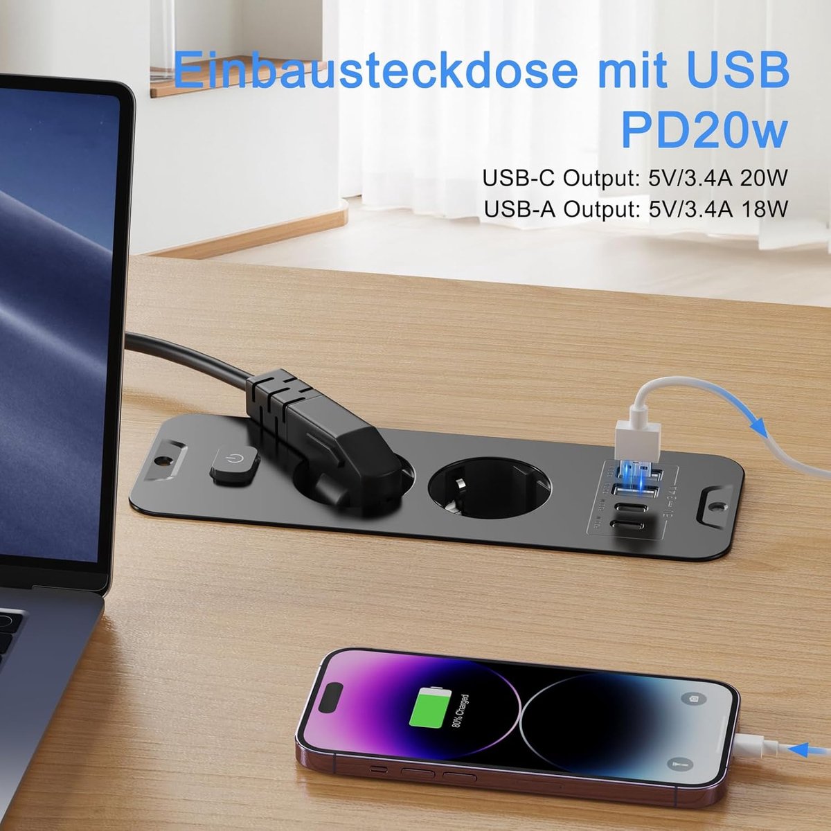 Thijox - Inbouwstopcontact met USB C, Tafelstopcontact met 2 m Kabel, Zwart, Ideaal voor Keuken, Werkplek en Thuisgebruik