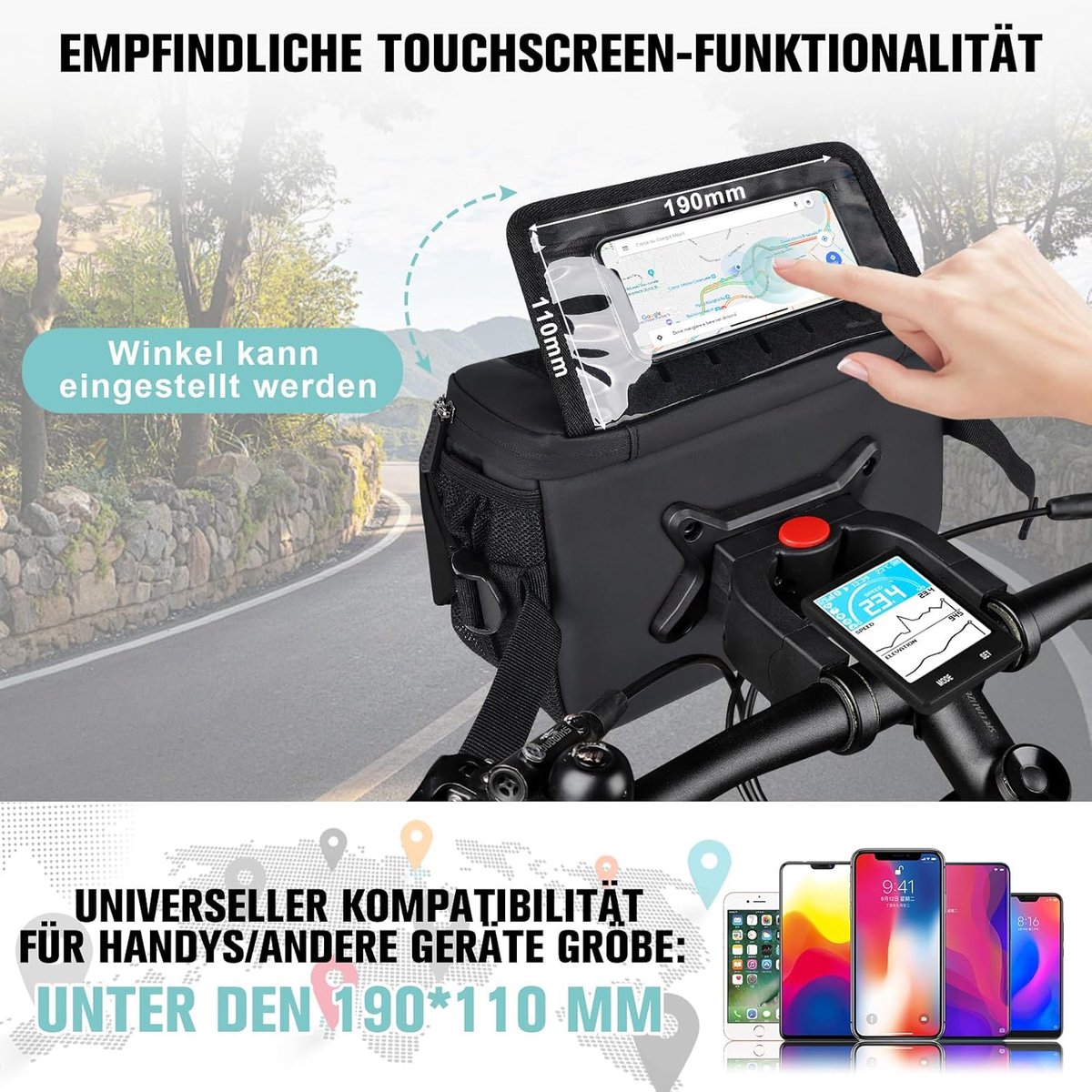 SnelShoppen - Fietsstuurtas 4,7 l met Snelsluiting, Waterdicht, Voor Mobiele Telefoon en Bekerhouder, Ideaal voor Stad en Trekking