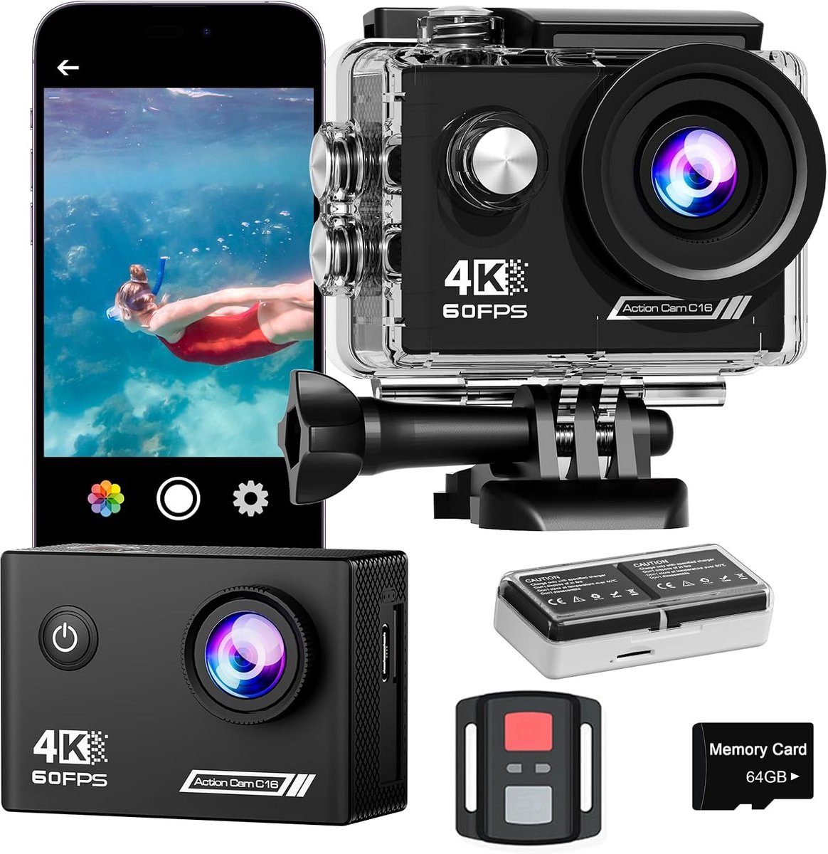 Thijox - 4K Actie Camera, Waterdichte Onderwatercamera tot 40m, 20 MP EIS, 170° Groothoek, Sportcamera met Wifi, 2,4G Afstandsbediening en 25 Accessoi