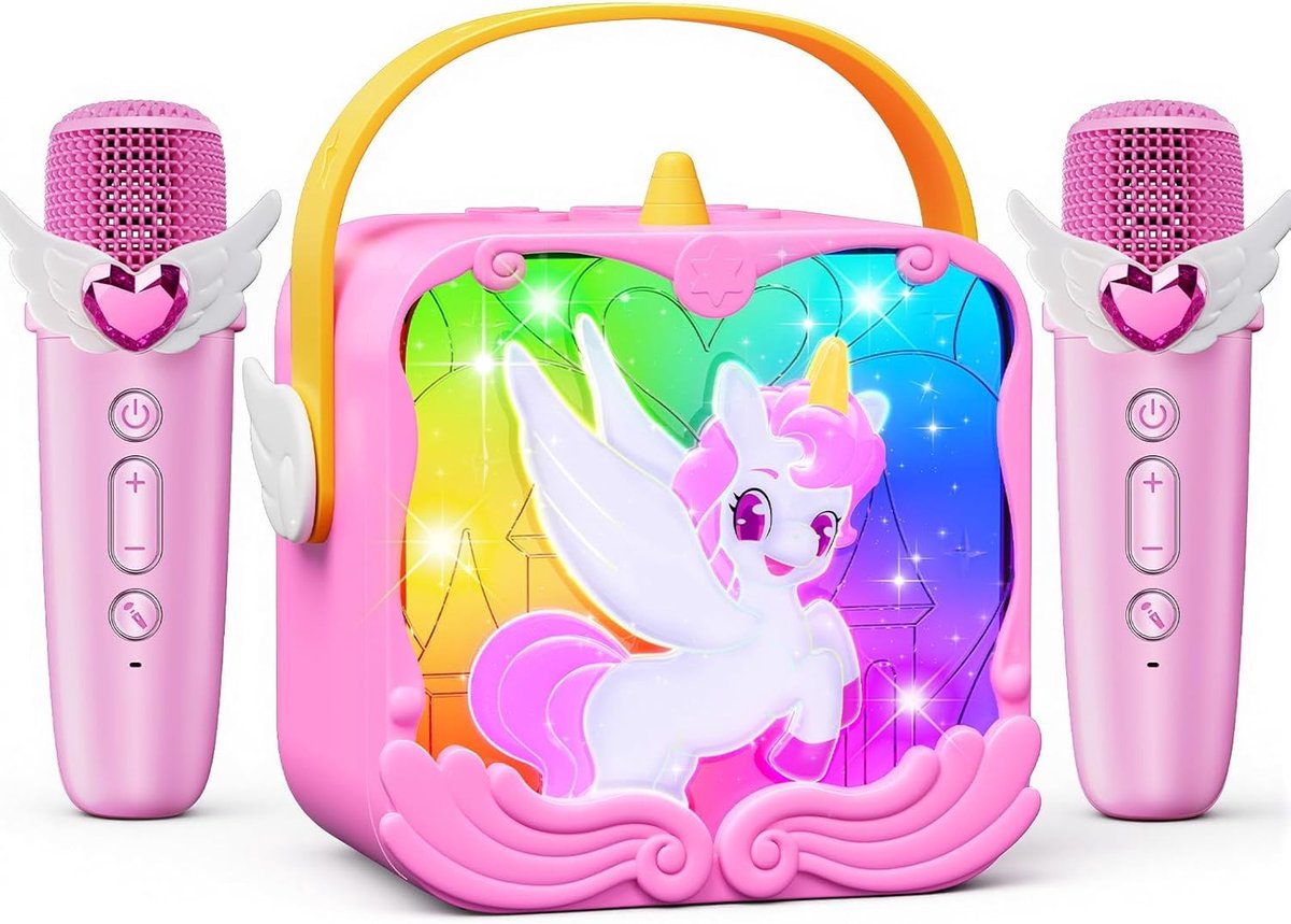 SnelShoppen - Karaoke voor Kinderen met 2 Draadloze Microfoons, LED Lichteffecten, Eenhoorn Design, Geschikt voor Meisjes van 3-10 Jaar, Muzikaal Spee