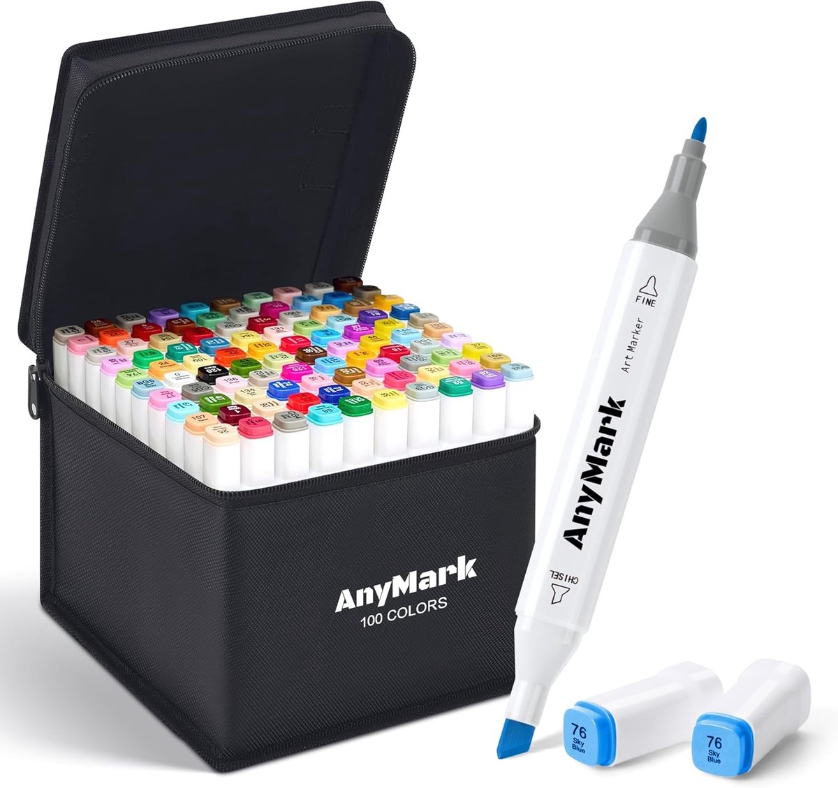 SnelShoppen - 100 Kleuren Alcohol Markers Dubbele Punten Twinmarkers op Alcoholbasis voor Tekeningen en Kleurschetsen, Witte Markerhuls, Creatief Kleu