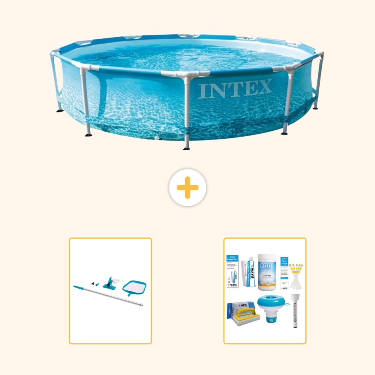 Intex Rond Frame Zwembad - 305 x 76 cm - Waterprint - Inclusief Schoonmaakset - Onderhoudspakket - 3-delig