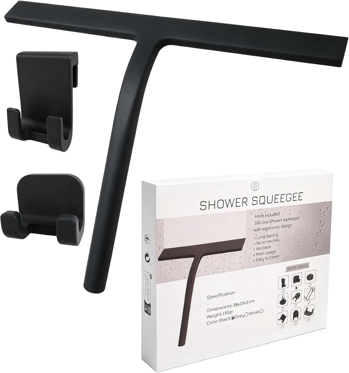 Streepvrije Douchewisser 28 cm met Flexibel Siliconen Blad, Inclusief 2 Houders en Haken voor Krasvrije Reiniging