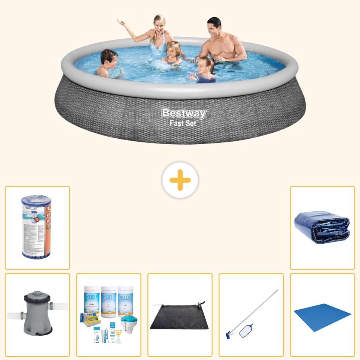 Bestway Rond Opblaasbaar Fast Set Zwembad - Rotanprint - 396 x 84 cm - Inclusief Pomp - Onderhoudspakket - Solar Mat - Schoonmaakset - Grondzeil - Filter - Solarzeil - 8-delig