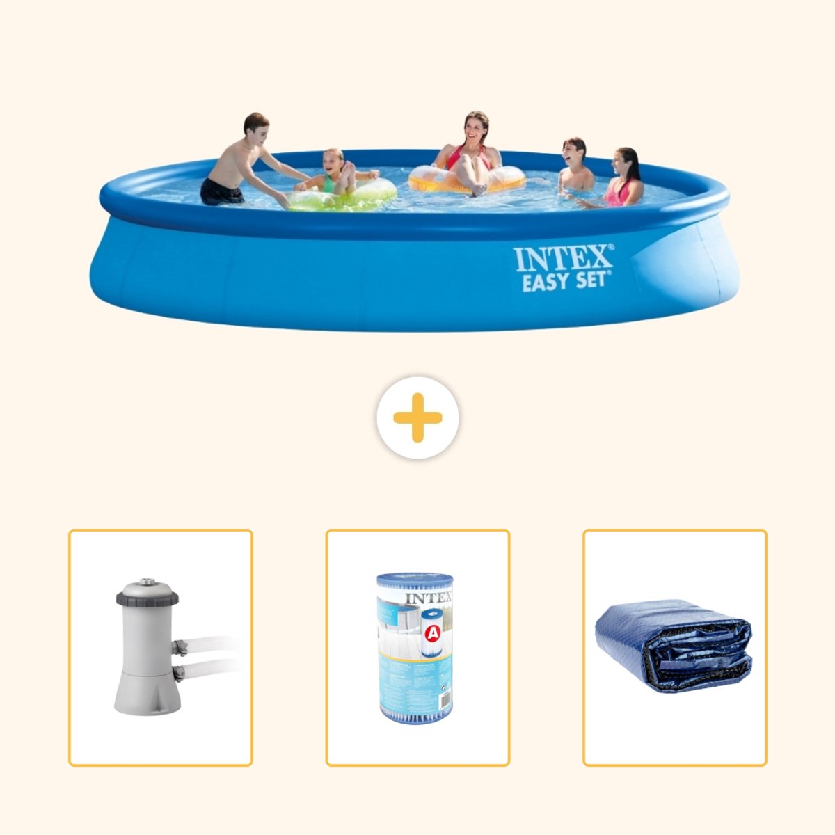 Intex Rond Opblaasbaar Easy Set Zwembad - 457 x 84 cm - Blauw - Inclusief Pomp - Filter - Solarzeil - 4-delig
