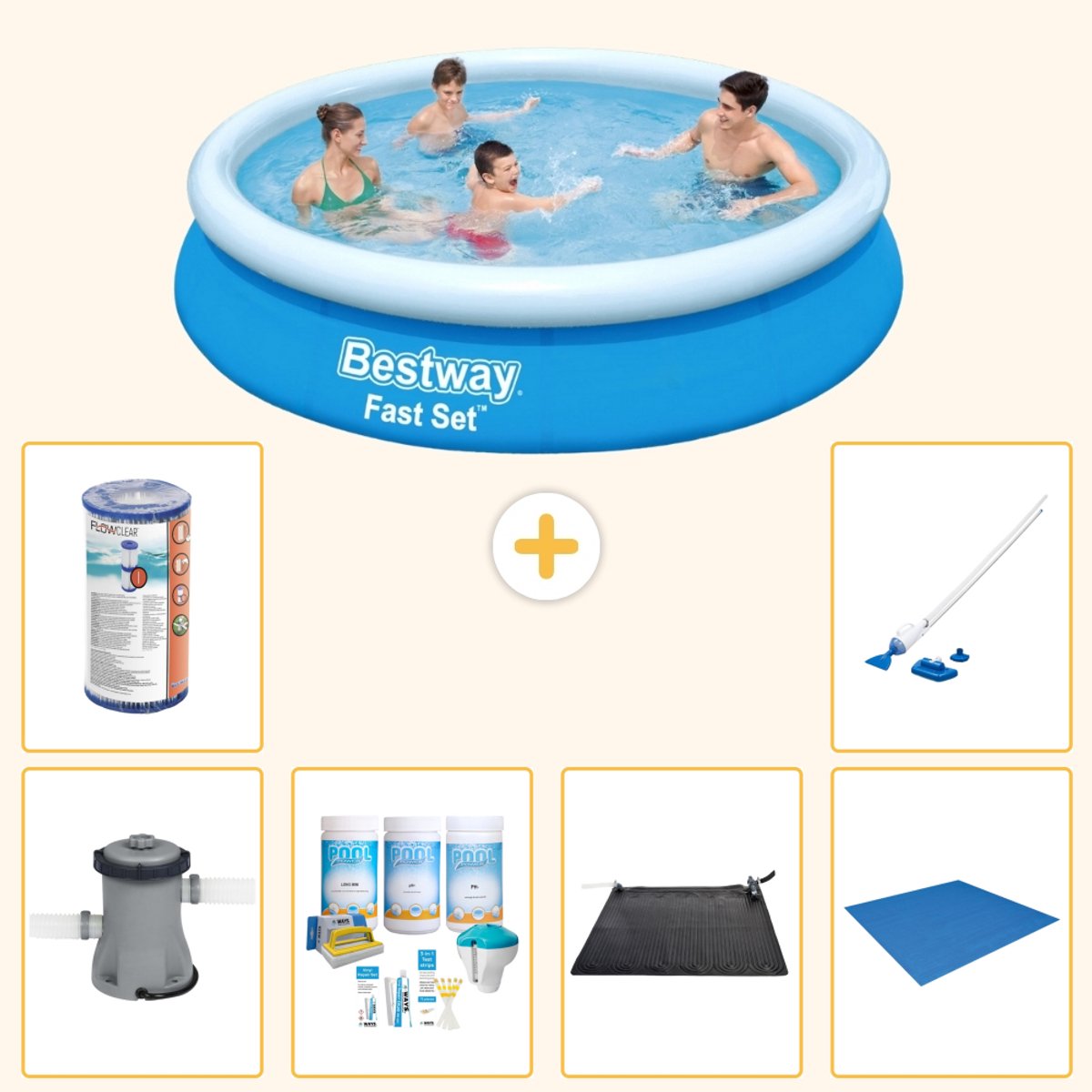 Bestway Rond Opblaasbaar Fast Set Zwembad - 366 x 76 cm - Blauw - Inclusief Pomp - Onderhoudspakket - Solar Mat - Grondzeil - Filter - Stofzuiger - 7-delig