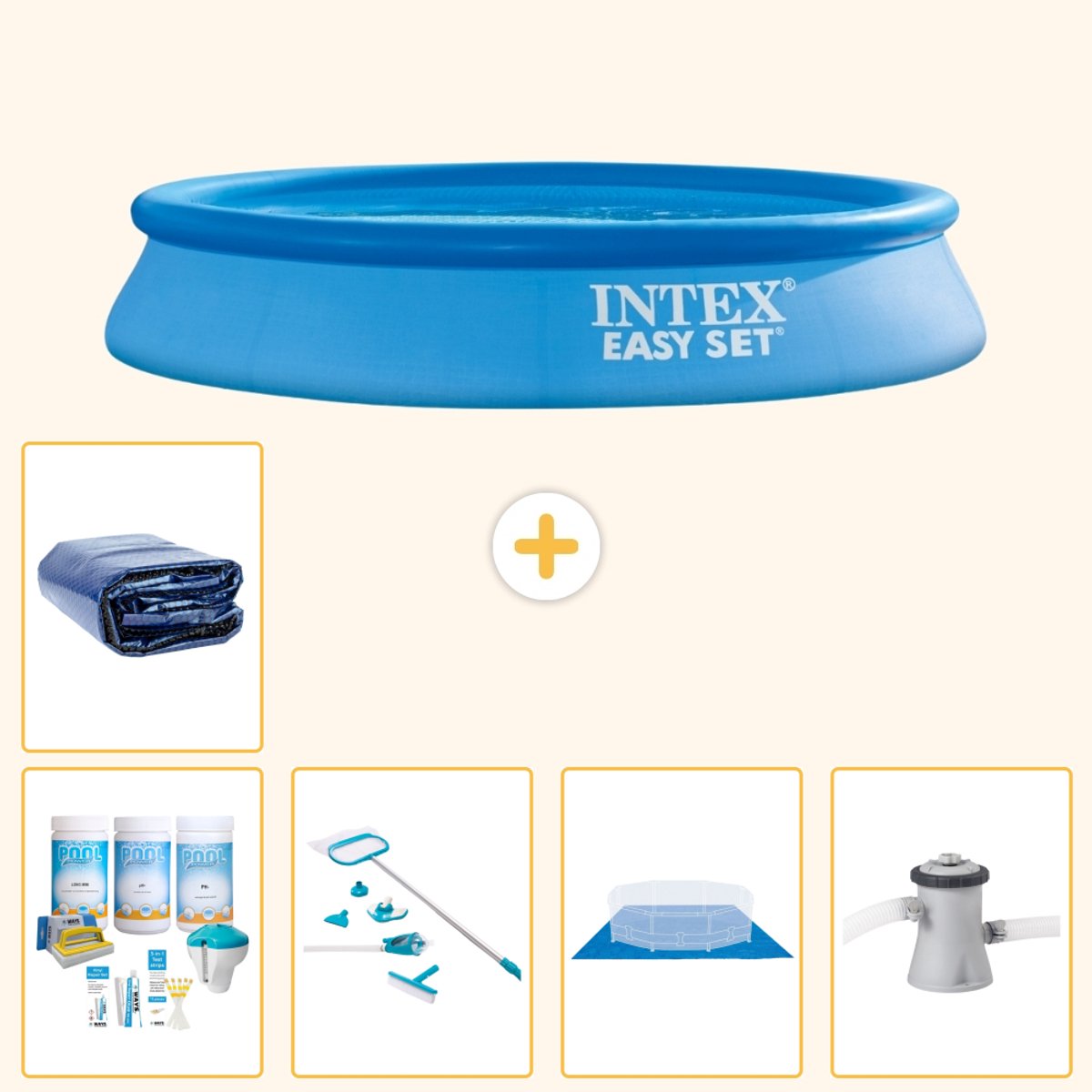 Intex Rond Opblaasbaar Easy Set Zwembad - 305 x 61 cm - Blauw - Inclusief Onderhoudspakket - Schoonmaakset - Grondzeil - Zwembadfilterpomp - Solarzeil - 6-delig