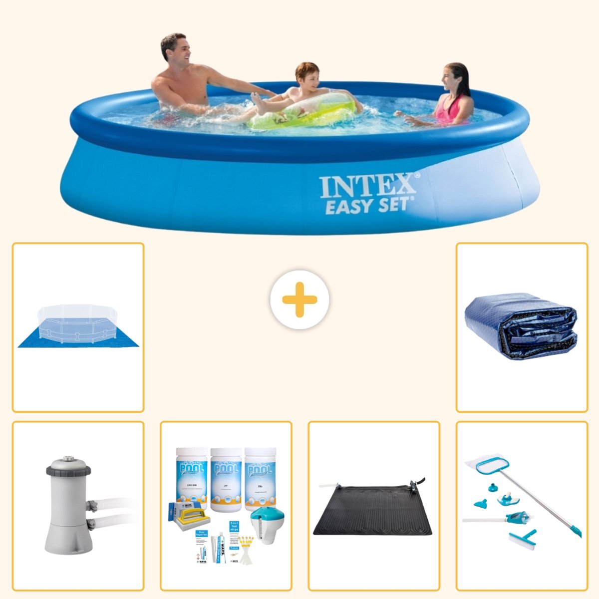 Intex Rond Opblaasbaar Easy Set Zwembad - 366 x 76 cm - Blauw - Inclusief Pomp - Onderhoudspakket - Solar Mat - Schoonmaakset - Grondzeil - Solarzeil - 7-delig