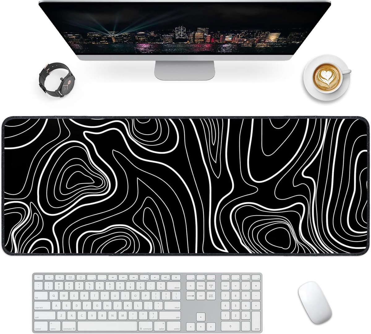 Grote Gaming Muismat XXL 900 x 400 mm met Antislip Rubber Basis voor Toetsenbord en Laptop, Zwart-Witte Lijnen, Ideaal voor Gamers en Thuiswerkers