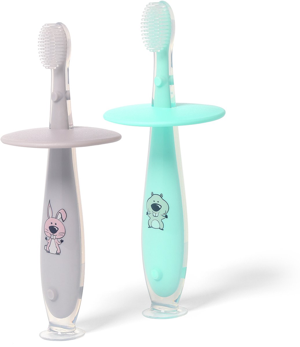 Babyono - Baby Siliconen Tandenborstel - Grijs - 12m+ - Beveiligd