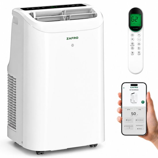 Witte ZAFRO mobiele airco, afstandsbediening en smartphone met app bediening.