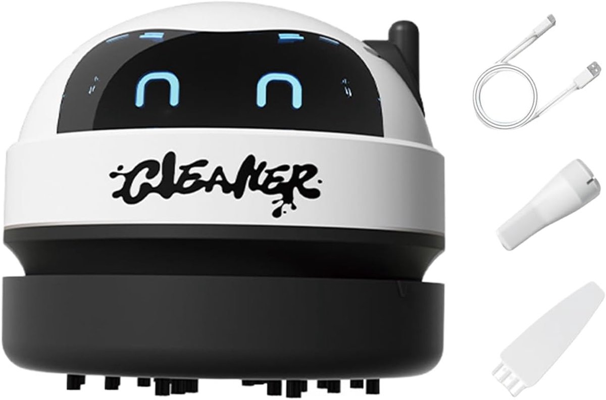 Draadloze mini-stofzuiger voor het bureau met robotdesign, oplaadbaar via USB, 3 snelheidsstanden, led-display en afneembaar mondstuk; geschikt voor thuis, kantoor, auto, toetsenbord en bureau – Zwart