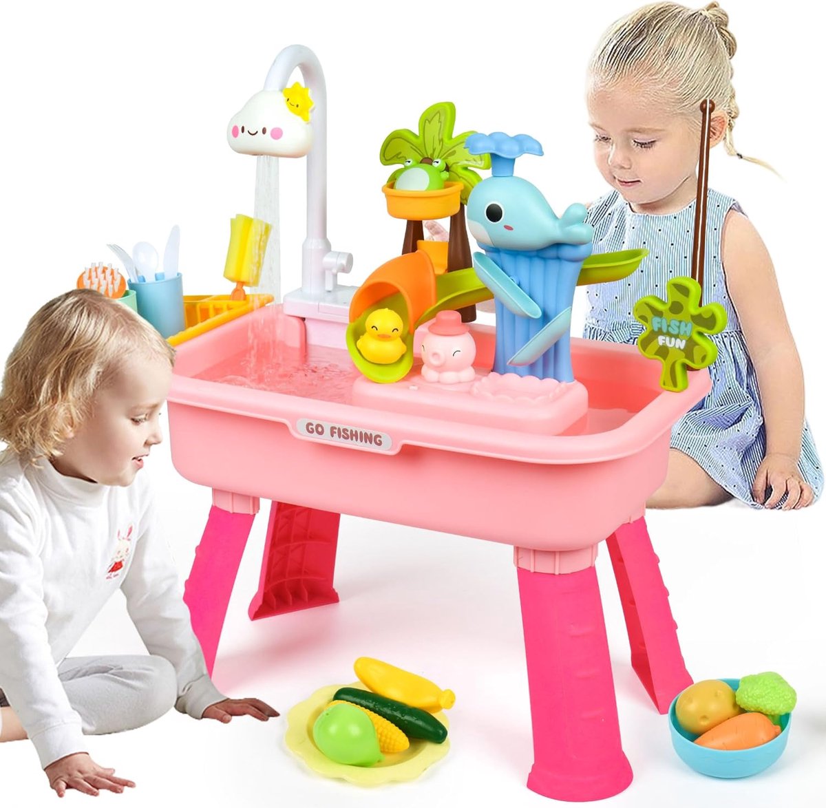 Roze Watertafel Voor Peuters Van 1-3 Jaar, Watertafel Met Pomp, Speelgoedkeukenset Voor Kinderen Van 4-8 Jaar, Speelgootsteen Met Stromend Water En Elektrische Kraan, Inclusief Speelgroenten, Servies En Visspel