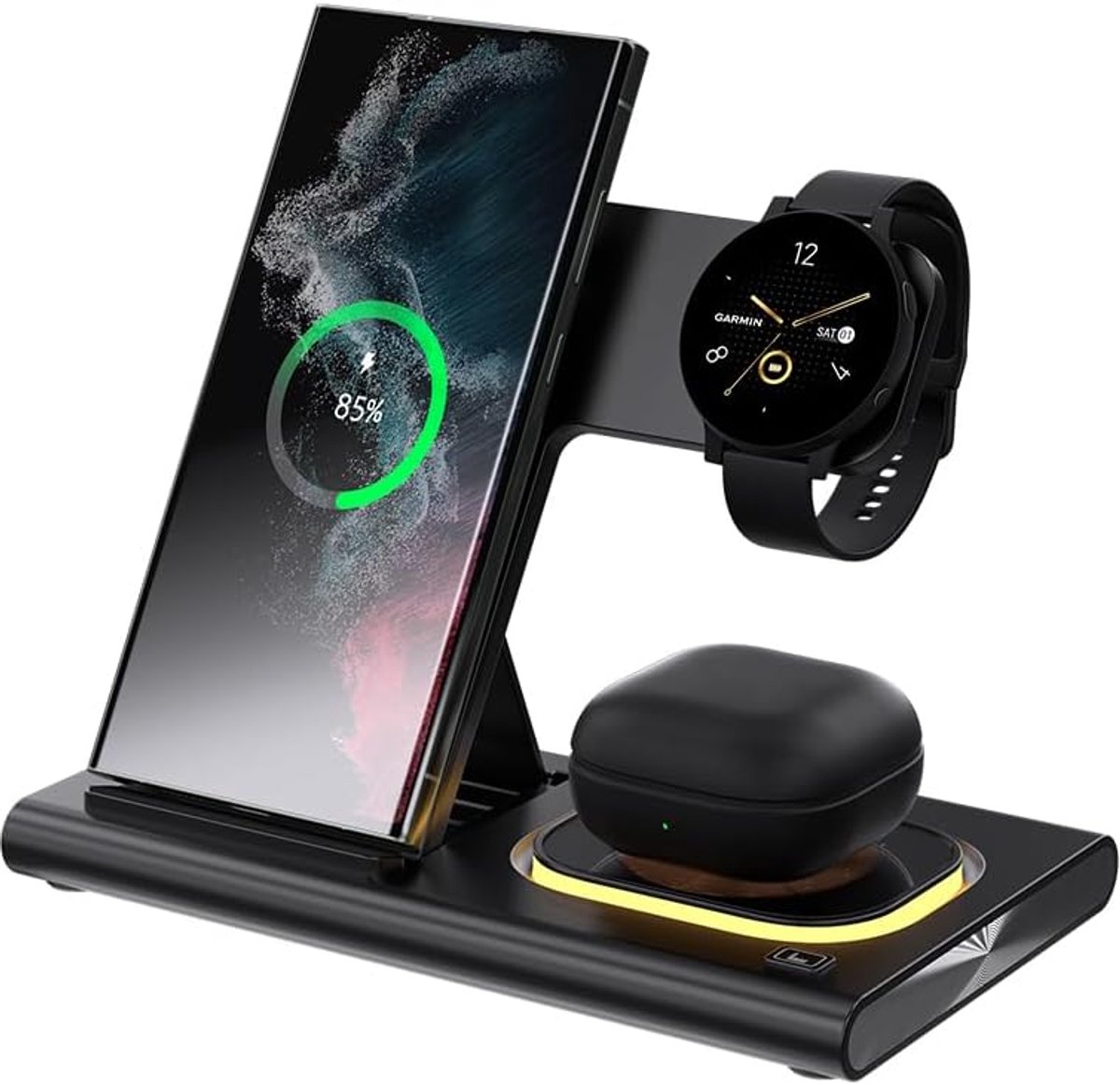 3-in-1 Draadloze Oplader | Samsung Laadstation | Android Smartphone | Meerdere Apparaten | LED-licht | Inklapbare Dock | Oplader Standaard | Samsung Galaxy S25 | Galaxy S24 | Galaxy S23 | Galaxy S22 | Note 20 | Watch 8 | Watch 7 | Watch 6 | Oordopjes