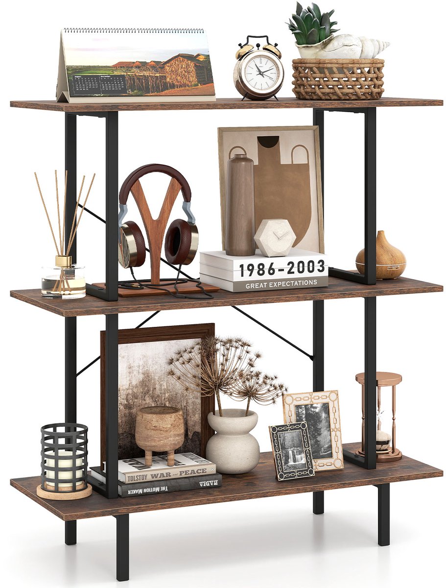 COSTWAY Boekenkast met 3 Planken, 80 x 30 x 86 cm | Opbergrek op Poten, Stevig Metalen Frame, Industriële Boekenplank voor Woonkamer, Slaapkamer, Kantoor