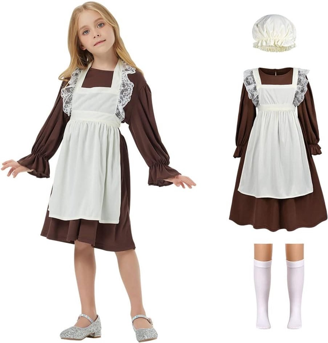 Victoriaanse Meisjeskostuum, Middeleeuwse Jurk met Mop Cap en Witte Sokken, Perfect voor Halloween en Cosplay