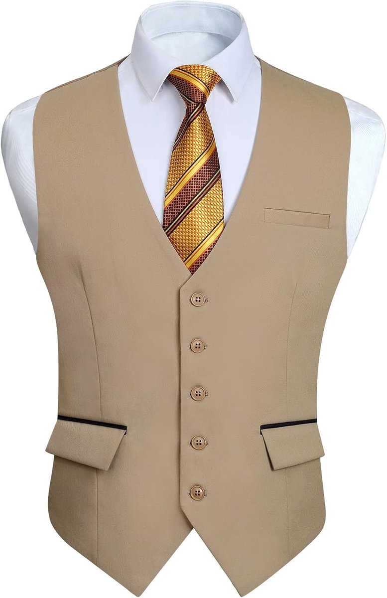 Heren Cardigan voor Formele Gelegenheden, Effen Kleur Trouwe Vest, Zakjes, Maat S-4XL, Khaki, Perfect voor Bruiloften en Zakenfeesten