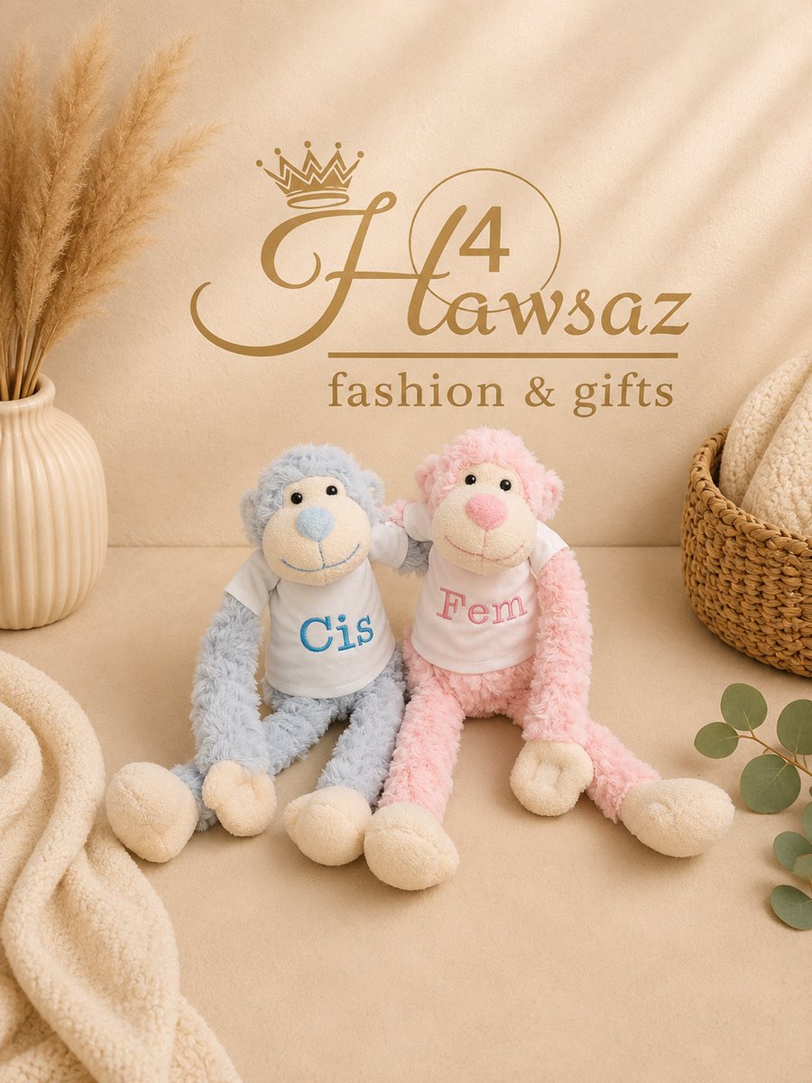 Slingeraapje met naam geborduurd 1 stuk - Hawsaz.nl cadeau - Baby knuffel met naam Blauw - Geboortecadeau - Cadeau voor jongens en meisjes - Verjaardag cadeau - Baby en peuter cadeau - Kraamcadeau - Gepersonaliseerde - Fluffy knuffel -Kado met naam