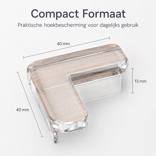 Transparante L-vormige hoekbescherming met afmetingen van 40mm x 40mm x 13mm, geïsoleerd op een grijze achtergrond.