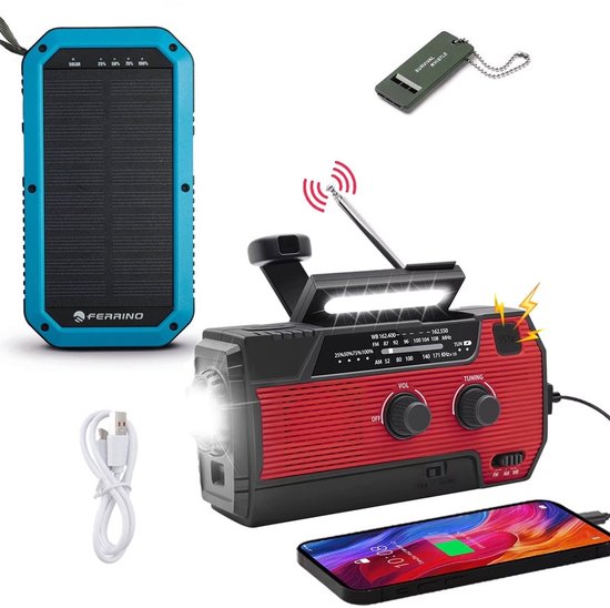 Set van nooduitrusting: blauwe solar powerbank, rode radio met zaklamp en antenne, noodfluitje, USB-kabel en smartphone.