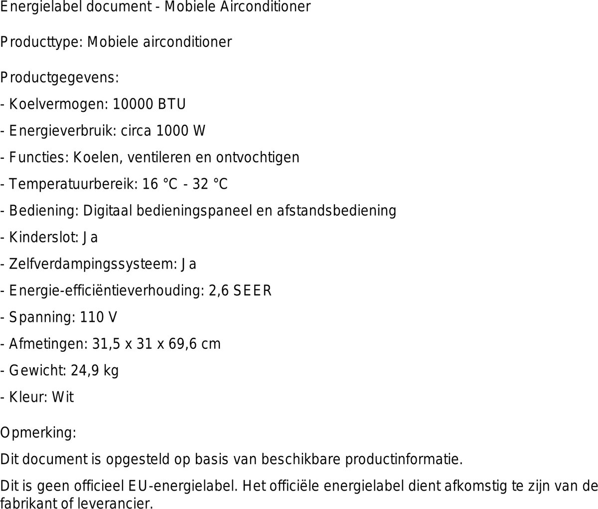 Mobiele airco 10000 BTU – 3-in-1 met ontvochtiger, afstandsbediening, timer en raamkit – tot 42 m² – foto 2