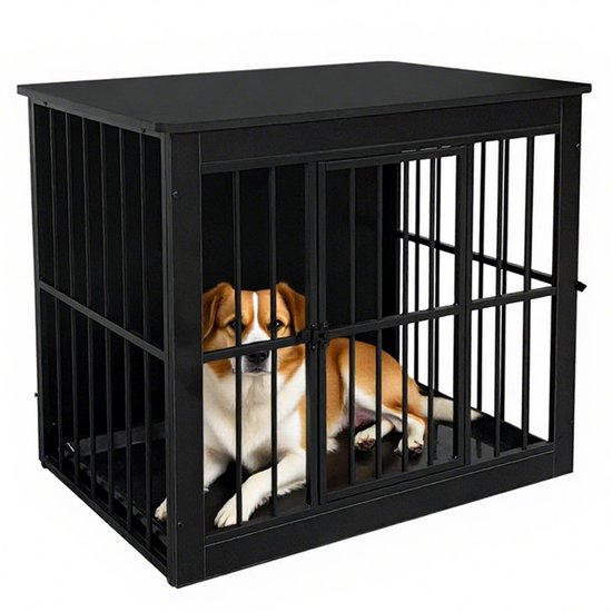 Bruin-witte hond ligt in een zwarte hondenbench met dubbele deuren.
