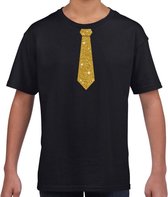 Zwart fun t-shirt met stropdas in glitter goud kinderen - feest shirt voor kids L (146-152)